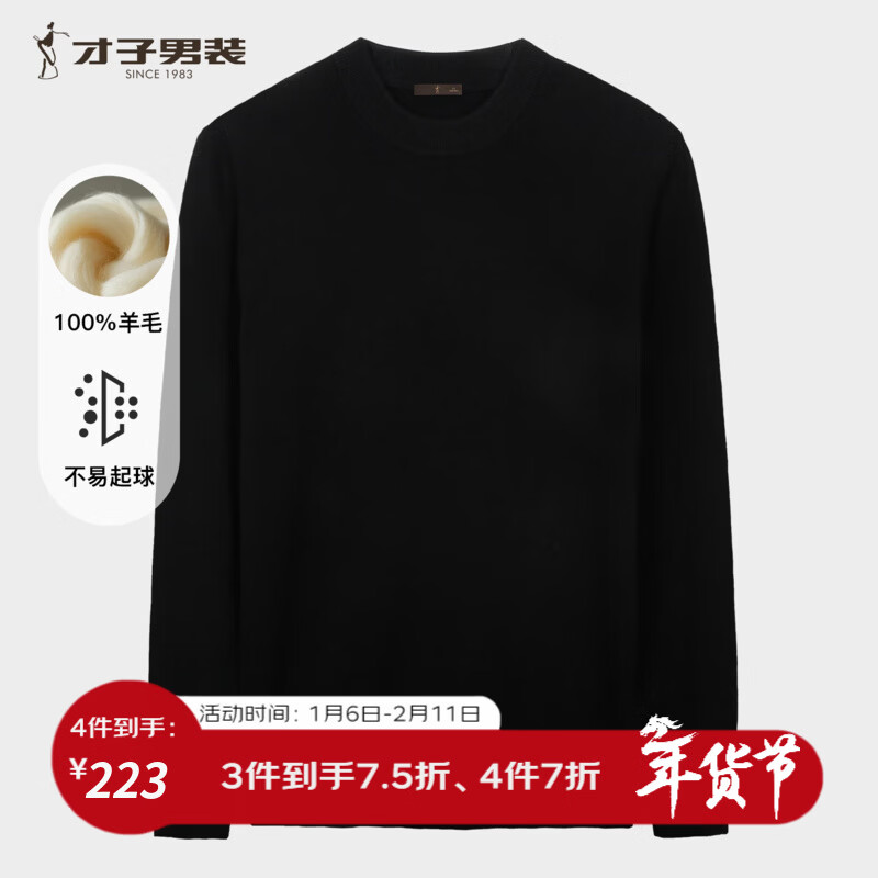 才子（TRIES）商务男士半高领羊毛衫秋冬保暖弹力毛衣男纯色通勤百搭针织衫 黑色 XL 50 (175/92A)