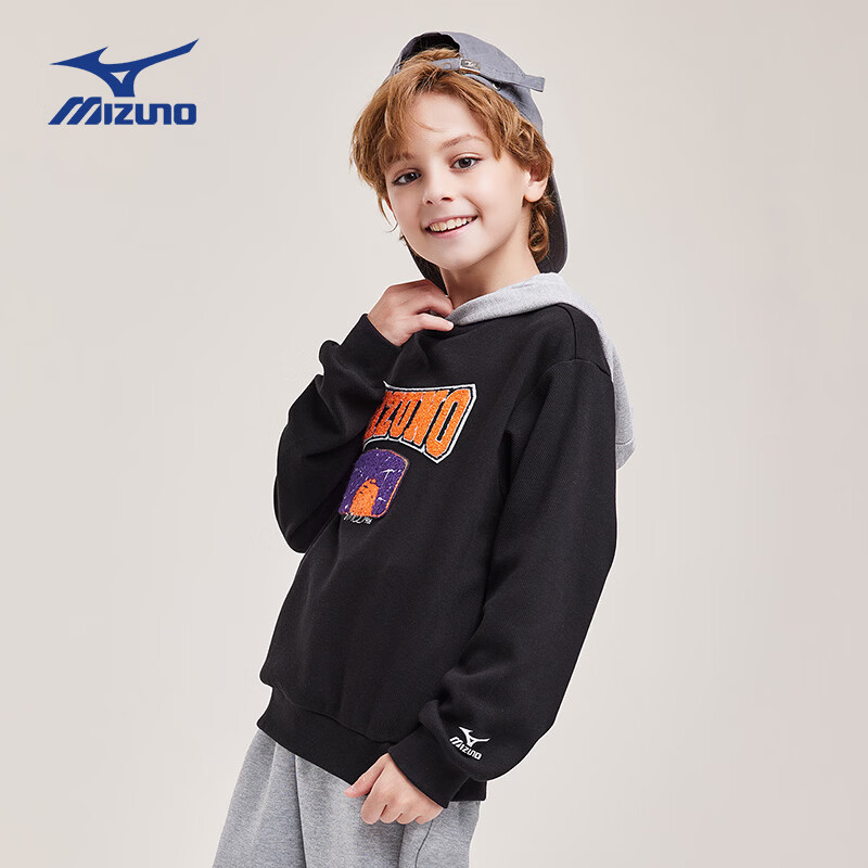 美津浓(MIZUNO)儿童卫衣连帽套头假两件时尚春秋百搭简约男女中大童 黑色 140 cm (建议身高135-145cm)