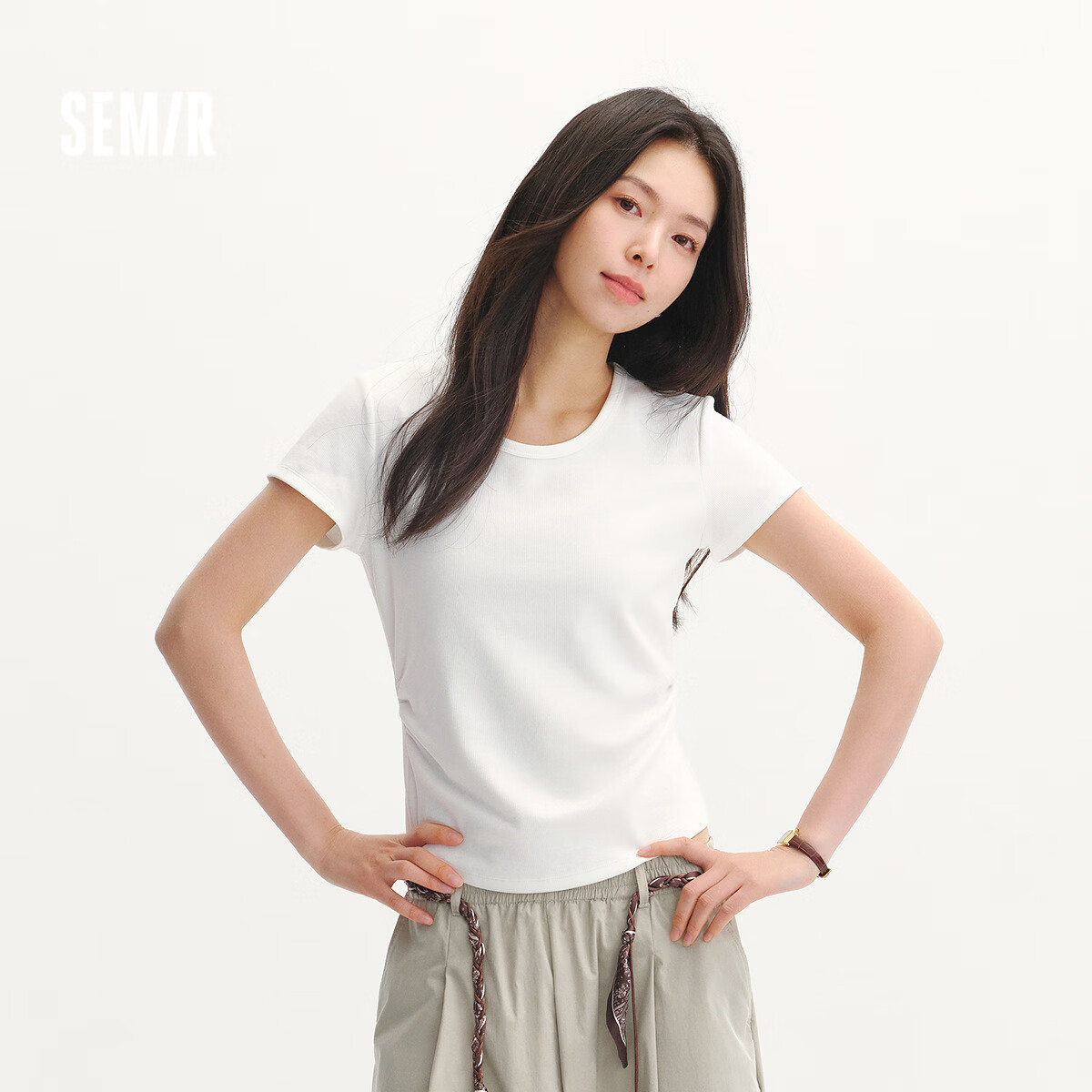 森马(Semir)短袖t恤女短款修身正肩圆领凉感透气上衣2026夏装新款辣妹打底衫 本白10102 M