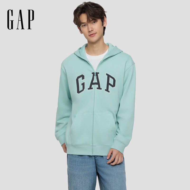 盖璞Gap男女装2026春季新款logo刺绣宽松拉链开襟连帽卫衣上衣854670 水绿色 M (170/92A)亚洲尺码