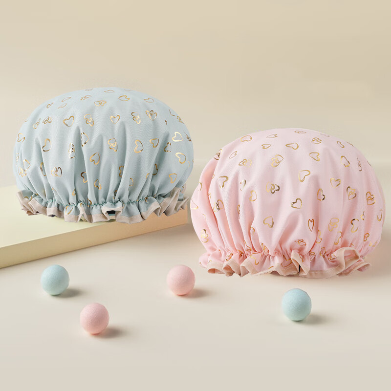 Kaooseen浴帽女洗澡防水加厚防水帽洗发帽洗头帽子头套双层可爱帽 1个桃心浴帽双层