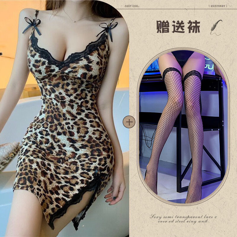 睡衣女新款26性感豹纹吊带睡裙蕾丝边挑逗蕾情侣约会ins网红风 图片套装+黑开裆袜 均码