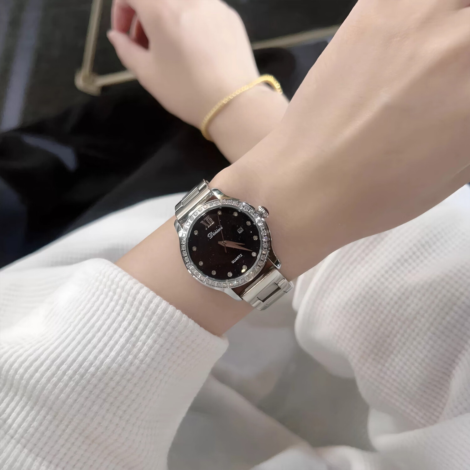 DIMINI女士高端奢华镶钻手表正品时尚机械风星空腕表小众防水石英表礼盒 酒红皮玫面（满钻款）礼盒装