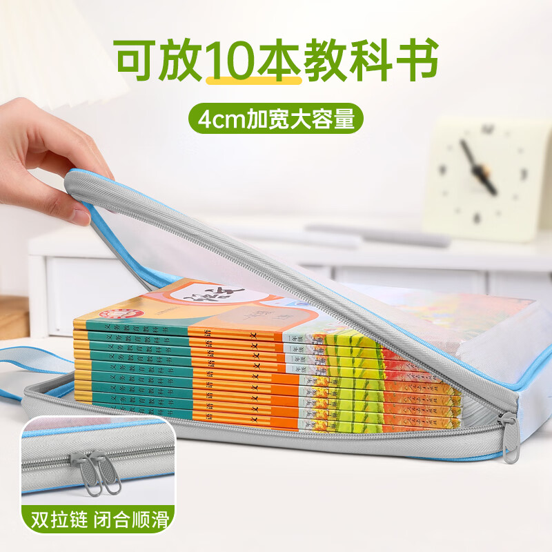 思赞L型科目分类袋透明文件袋拉链式小学生网纱大开口手提拎书袋考试专用袋子补习袋档案袋试卷收纳袋I 4个装【蓝绿黄粉】3层加厚/送标签