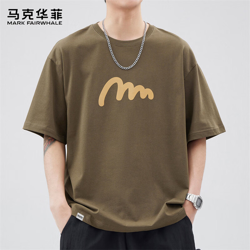 马克华菲（MARK FAIRWHALE）短袖男夏季宽松纯棉T恤男潮牌舒适半袖体恤上衣男装 咖啡色 L