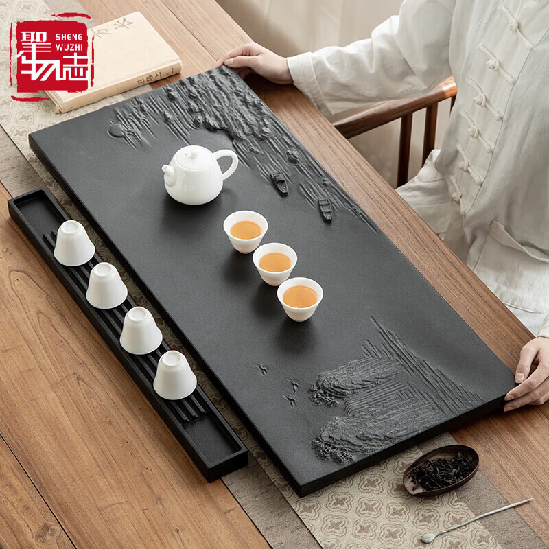 圣物志高端天罗绿原石茶盘整块天然乌金石茶盘石头茶台办公室浮雕茶