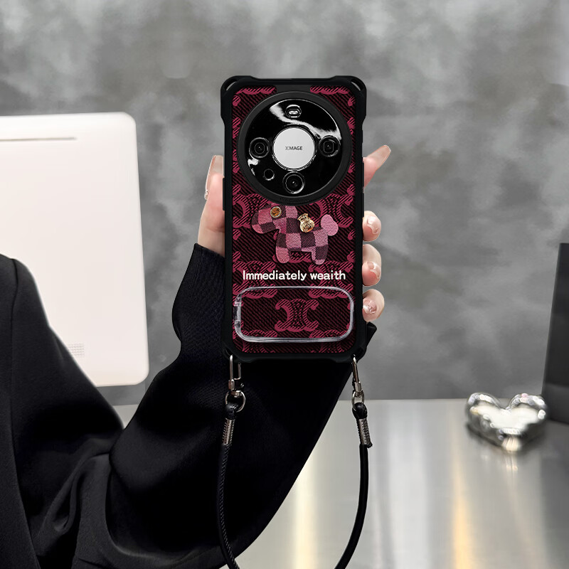 御高适用【华为mate60Pro】英文小马四角挂绳皮纹手机壳防摔保护套 四角挂绳-英文小马+支架+手绳 华为mate60Pro