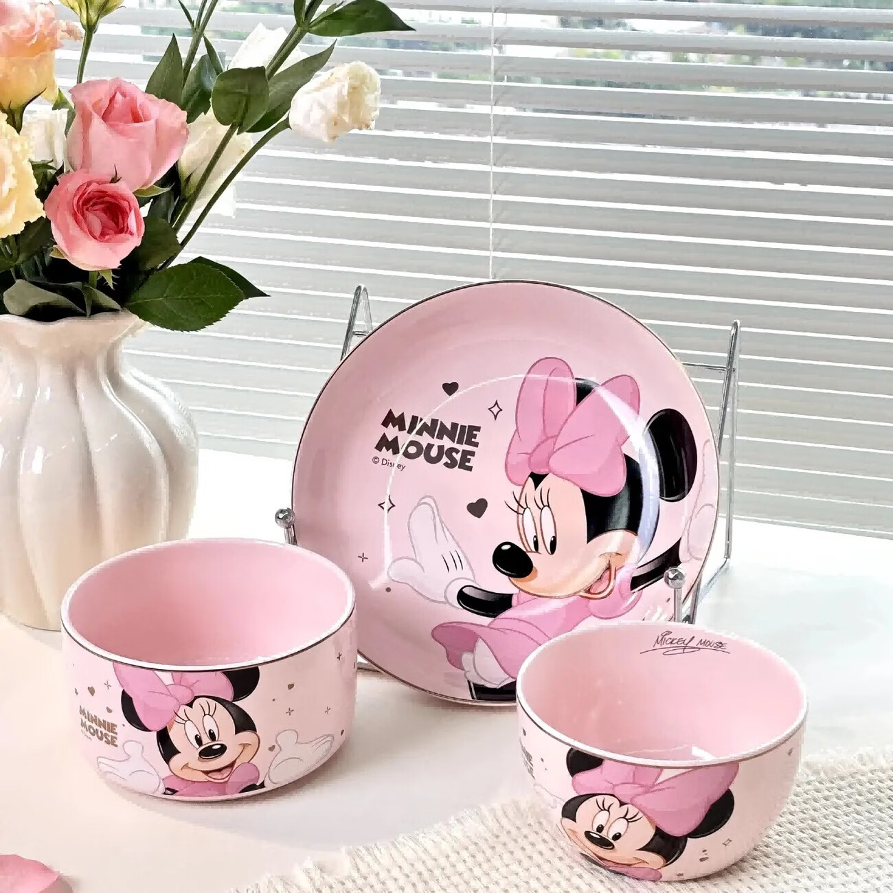 言则3件套黛丝公主陶瓷餐具女生餐具儿童碗盘釉下彩描金餐碗精致盘子 【米奇】2碗1盘组合