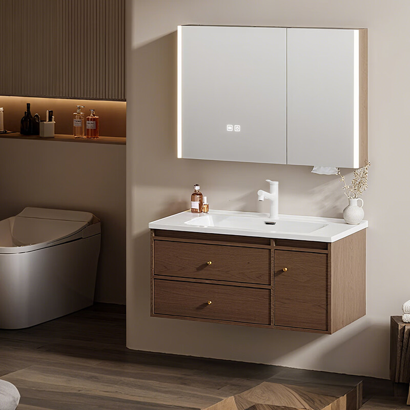 惠达（HUIDA）中古风智能浴室柜陶瓷一体盆双抽灯光除雾卫生间洗脸盆组合J60 100cm