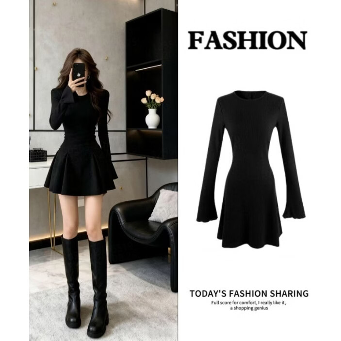 黑色修身收腰针织连衣裙女巨好看冬季大衣内搭打底气质掐腰短裙子 黑色小圆领喇叭袖连衣裙 XL