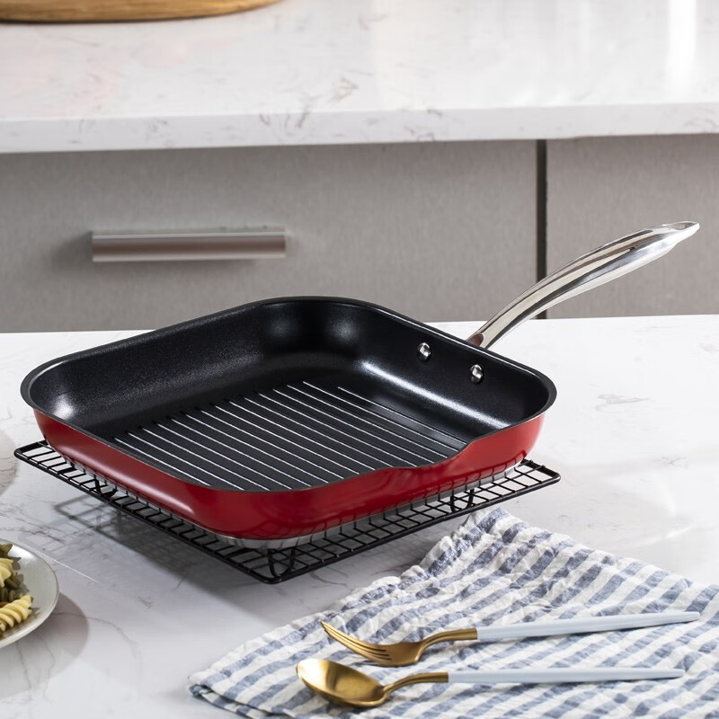 慕厨（Momscook）不锈钢煎盘 平底锅煎牛排猪排sus304不沾锅少油烟26cm 燃气电磁炉通用 不粘方盘KN26F4NSW