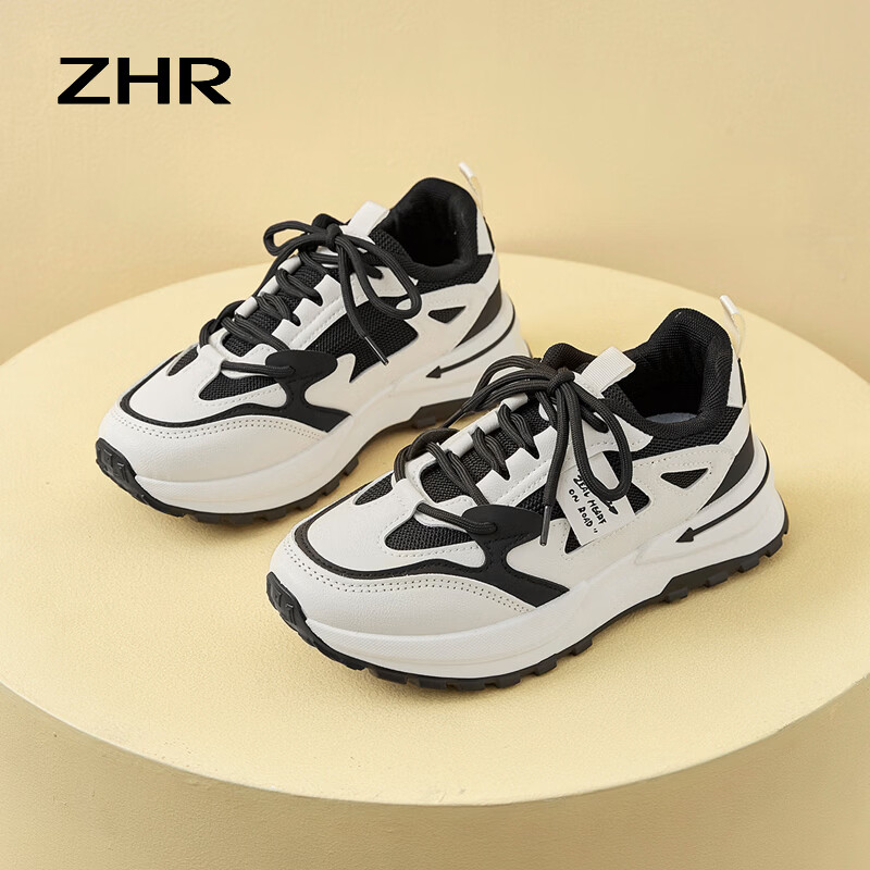 ZHR则则老爹鞋休闲春季新品撞色拼接鞋子女厚底增高显瘦运动舒适百搭女鞋 白黑 37
