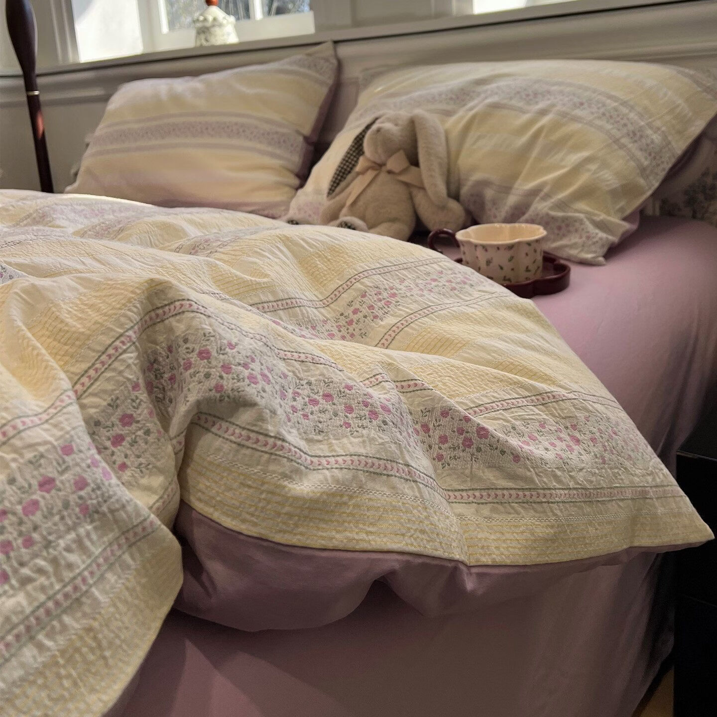 苏萱田园紫色碎花蔓提花全棉四件套纯棉1.5m1.8公寓被套床单床上用品3 花蔓紫薇 1.8m 床笠款 四件套-被套200x230cm