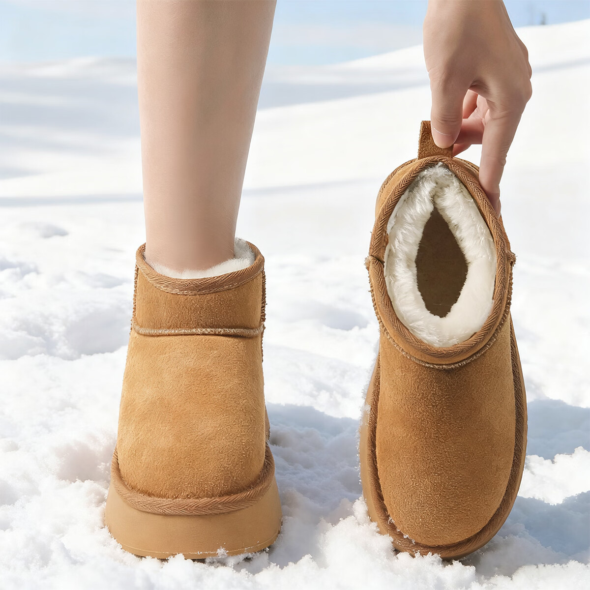 猪猪侠（GG·BOND）儿童反绒皮雪地靴女冬季新款保暖棉鞋亲子款短筒靴 卡其 儿童款 35