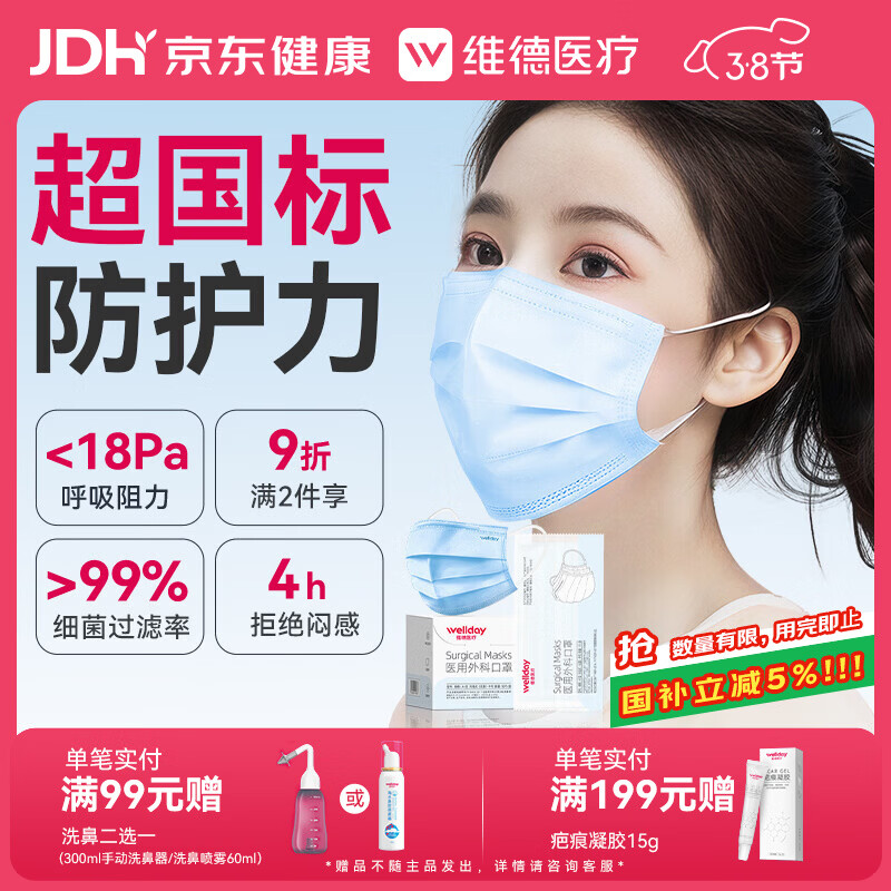 维德（WELLDAY）一次性医用外科口罩成人A1型耳挂式（无菌）中号50个/盒