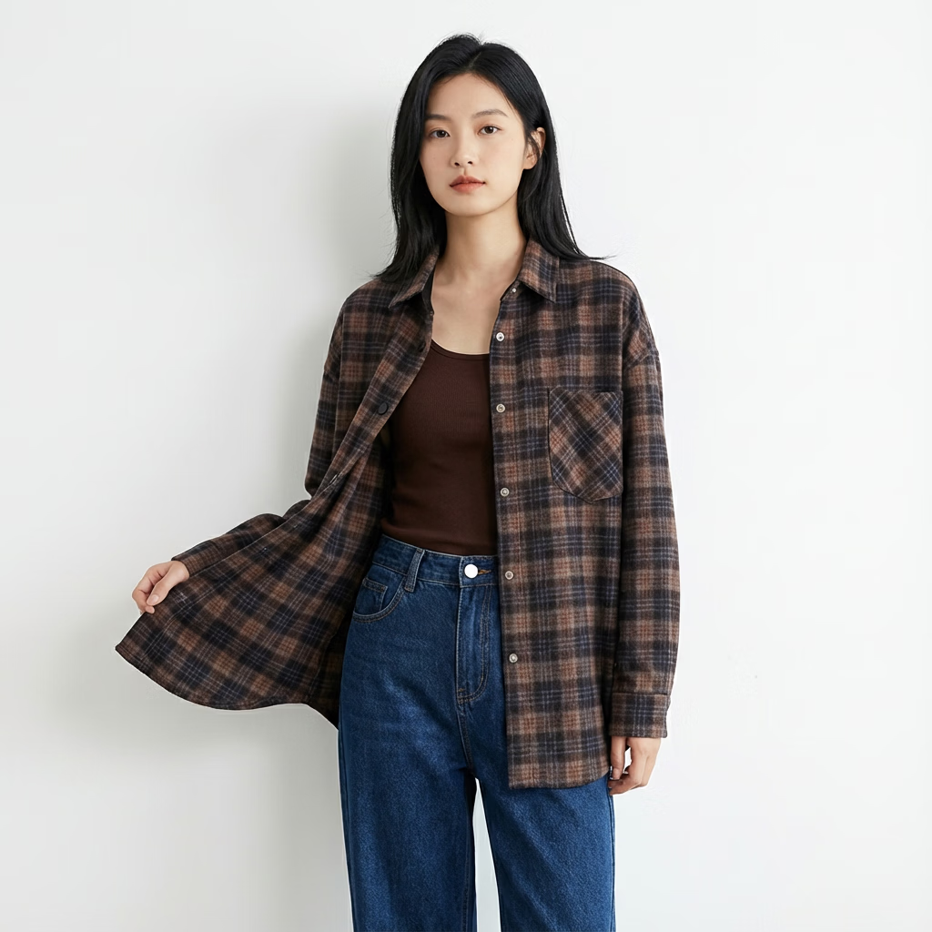 KEFENGE【小敏专属】磨毛加厚格子衬衫男女长袖秋冬装新款保暖加厚511021 咖格色 均码