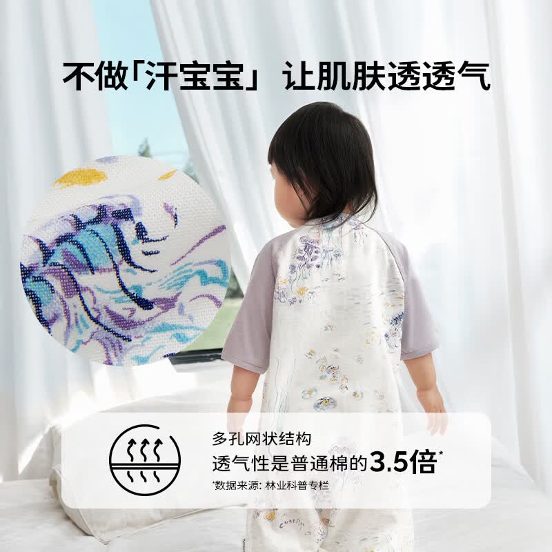 Cutelife婴儿睡袋竹棉纱布分腿睡袋短袖四六层透气婴幼儿童四季通用防踢被 【新品-双层短袖】水母星河（室温26度以上） 100码 /身高95-105cm【2.5-4岁】