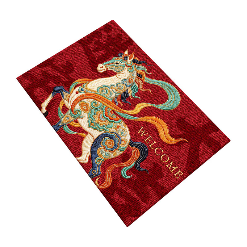 高品质红色2026新款入户门地垫进门玄关脚垫马年喜庆防滑地垫客厅 红锦跃马-欢迎 50*80cm