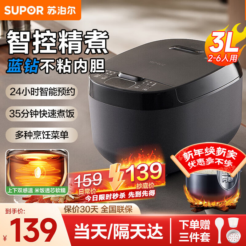 苏泊尔（SUPOR）电饭煲多功能蓝钻厚釜内胆电饭锅3升大容量煮饭煮粥饭煲2-3人使用家用微压煮饭锅 家用不粘系列 3L 蓝钻不粘内胆