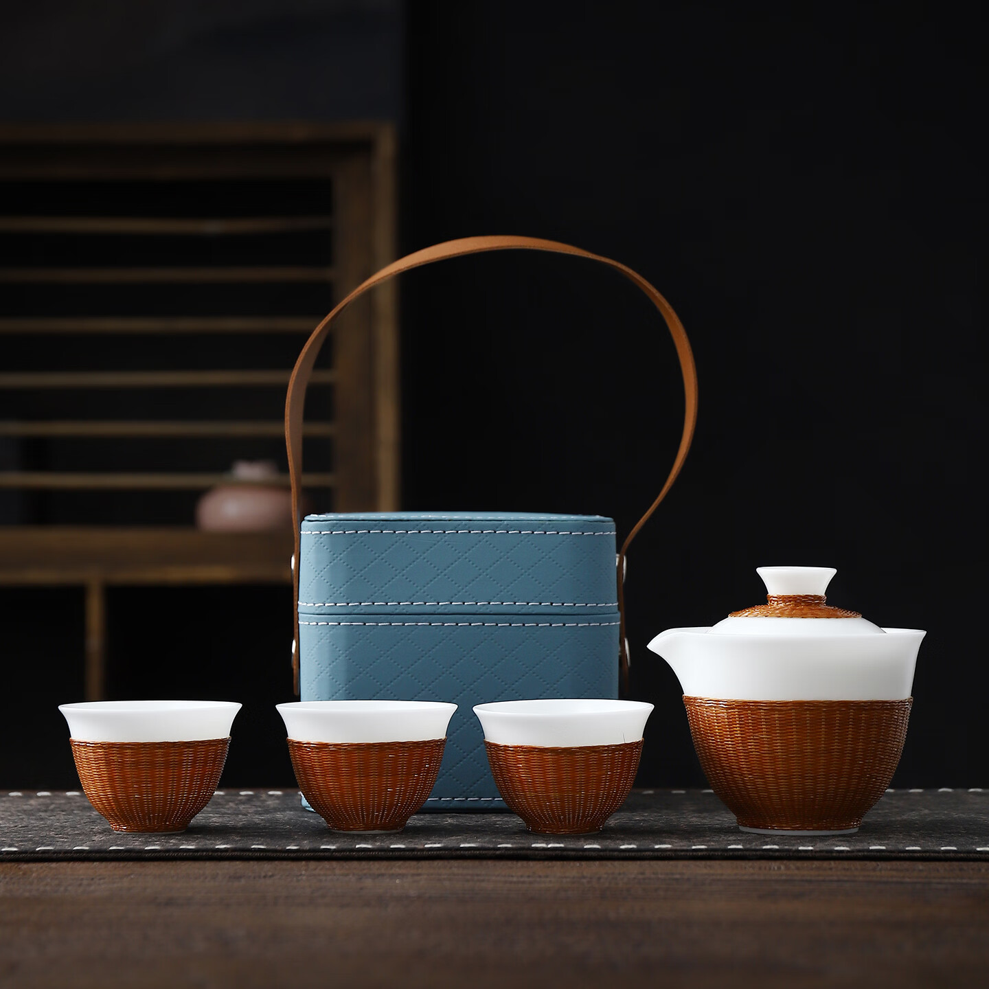 器美优品竹丝扣瓷旅行茶具便携式快客杯瓷胎竹编非遗手工四川特色商务送礼 竹丝扣瓷烤红旅行茶具一碗三杯