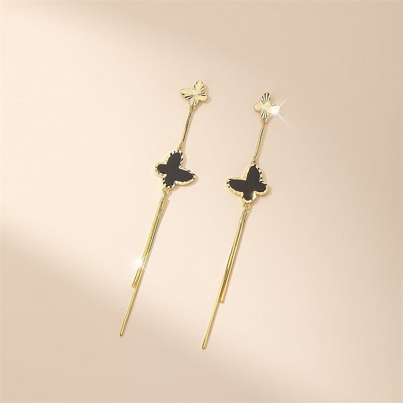 Qlady蝴蝶流蘇耳線獨(dú)特耳環(huán)2026新款感氣質(zhì)銀耳飾女耳墜首飾 金色