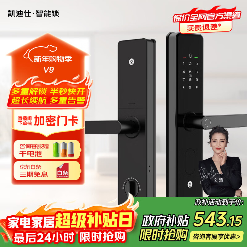 凯迪仕（KAADAS）V9智能门锁指纹密码锁入户门防盗门电子锁一握即开智能锁 V9