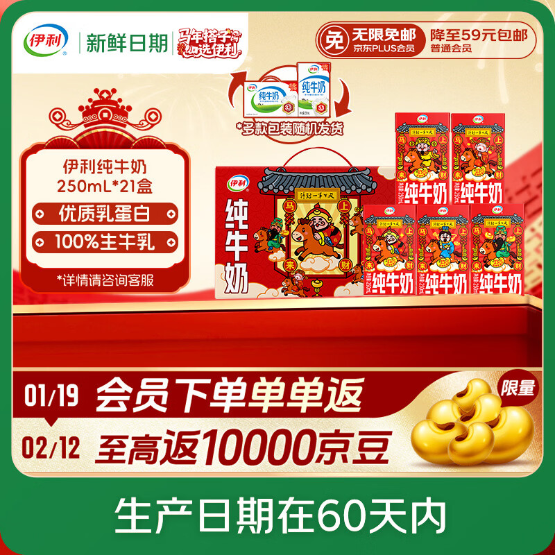 伊利【新鲜日期】纯牛奶250ml*21盒 优质乳蛋白 年货财神装普通装混发