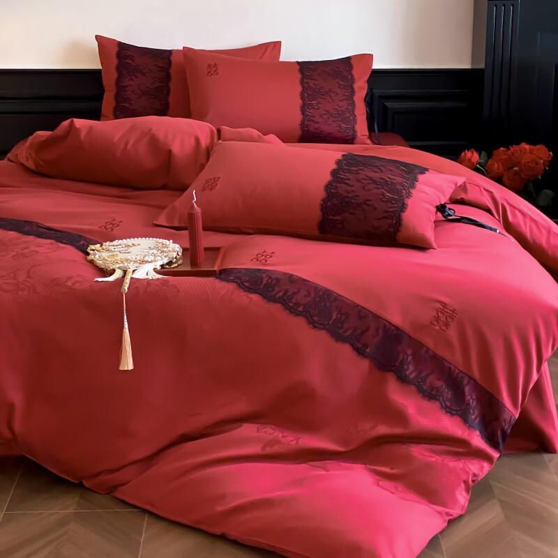 ROLAND LIVE全棉提花婚庆四件套红色喜庆婚房被套床单浪漫结婚床上用品 MX 全棉提花四件套-朝暮喜红 1.5-1.8米床 |【被套200*230cm】
