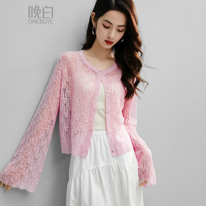 晚白【新品】2026年春款经典圆领镂空上衣慵懒随性宽松百搭针织开衫女 粉色 S
