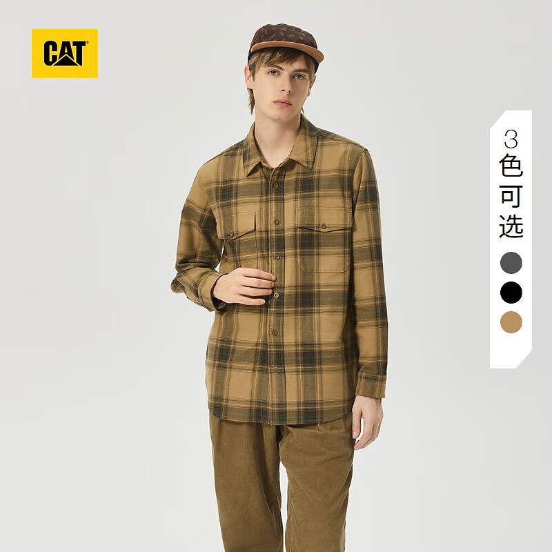 CAT卡特新品男士休闲简约宽松双贴袋设计织格工装衬衫轻户外 深卡其 XL