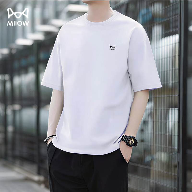 猫人（MiiOW）短袖t恤男2026夏季新款运动健身跑步上衣宽松棉感透气半袖男士 纯净白 （棉感透气-胸口标） L  /175(120-140斤）