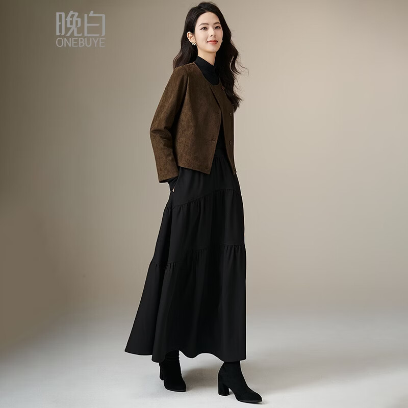 晚白【四季瘦瘦裙】遮胯显瘦蛋糕裙垂感立体褶皱高智感穿搭半身裙 黑色 XL