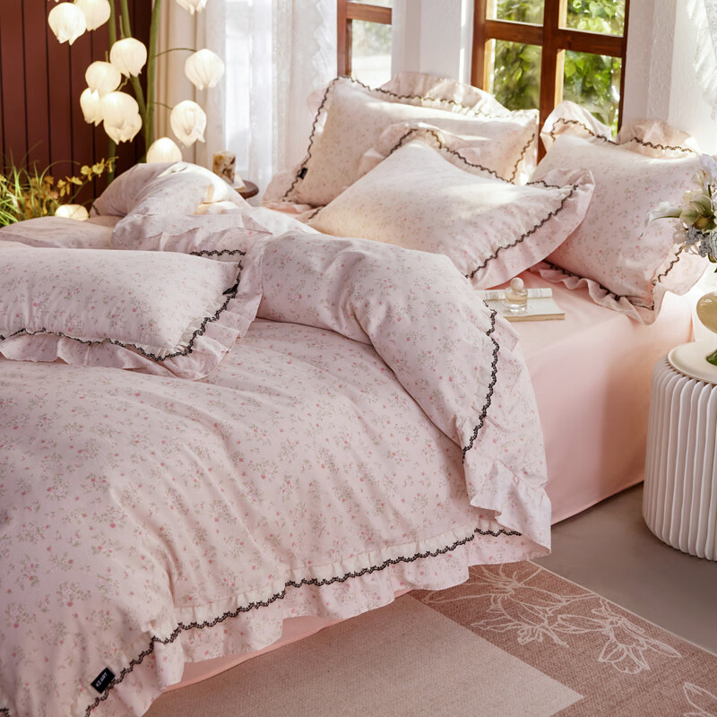 ROLAND LIVE春夏韩版全棉小碎花四件套双层花边被套公主风床单纯棉三件套 KZ 全棉小碎花套件-花镜小诗粉 1.5米床 床单款 【被套200*230cm】
