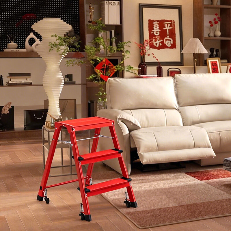 山业安全梯人字梯家用梯凳加厚折叠梯子多功能登高凳子爬梯三步梯加厚 【轮承重自锁】【300斤承重】【铝合金】乔迁红 三步梯
