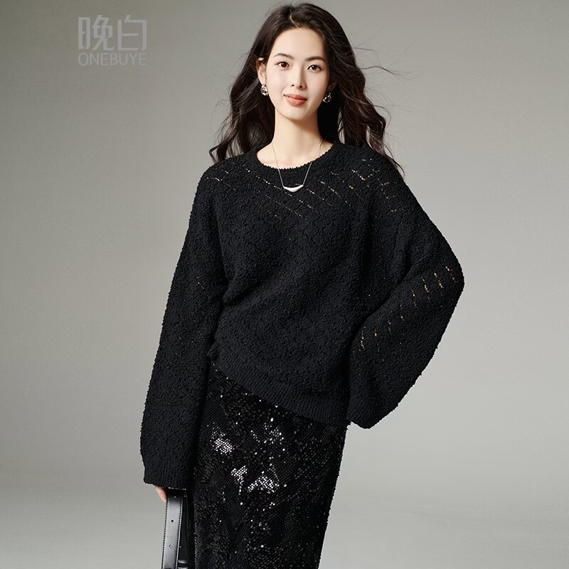 晚白【断码清仓】时尚休闲毛衣慵懒随性柔软舒适大码针织衫女 黑色 M