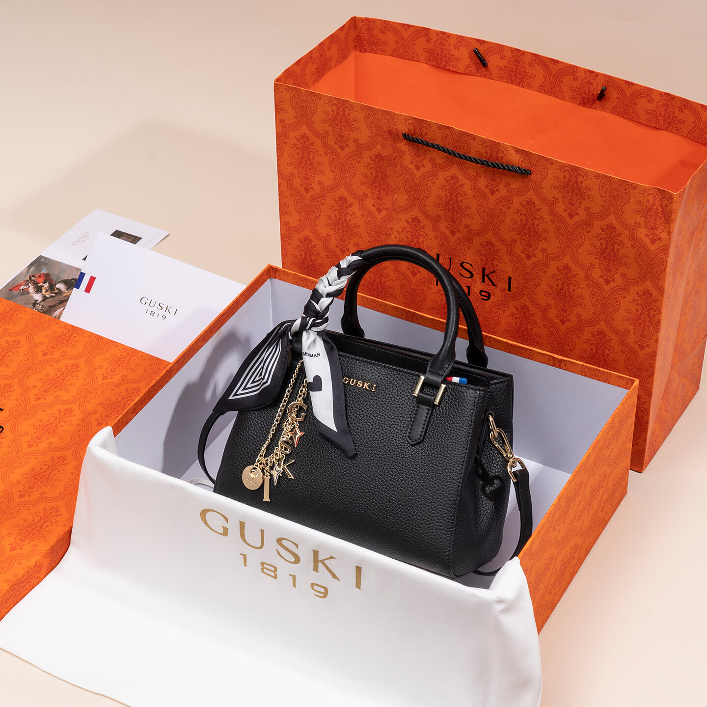 GUSKI法国奢侈品牌包包女包手提托特包单肩女士斜挎包生日情人节礼物女 Black【黑色】 送女友送老婆送妈妈