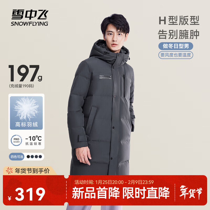 雪中飞秋冬新款时尚休闲舒适廓形男士“H”版型印花立领连帽羽绒服男 钢铁灰|8224 【品质高充绒】 XL 180/100A