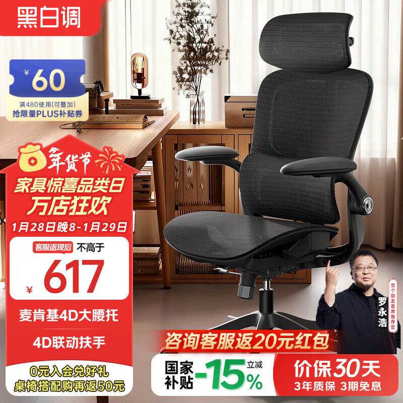 黑白调P2 Pro二代人体工学椅电脑椅办公椅电竞椅子人工力学座椅4D腰托  