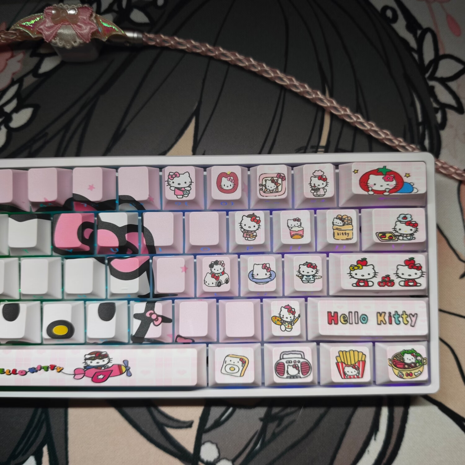 HelloKitty多色键帽侧刻透光wootingez63made68美加狮ev63 atkvgn艾石头小蜜蜂ace68win 粉色侧刻透光适配到87键，发全套