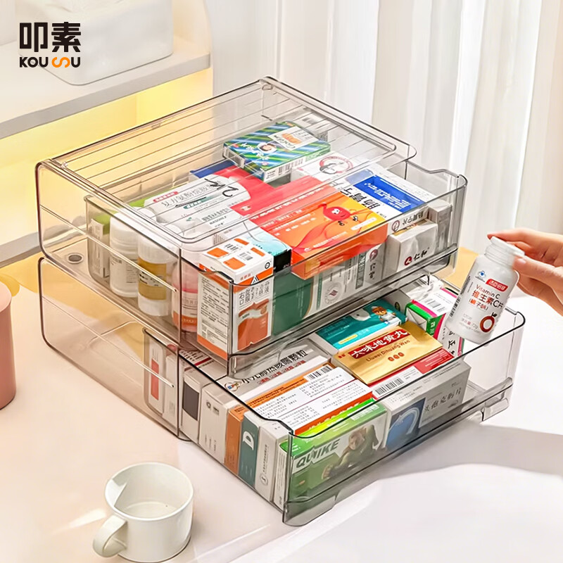 叩素药品药物收纳盒桌面药箱抽屉式收纳柜家用大容量医疗箱大号家庭装 药品药物收纳盒 经典灰