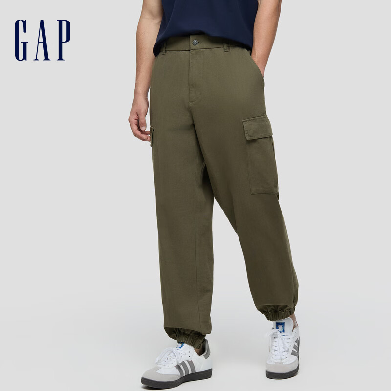 盖璞Gap男装2026春季新款工装口袋松紧腰休闲宽松直筒束脚长裤854017 军绿色 S (165/76A)亚洲尺码