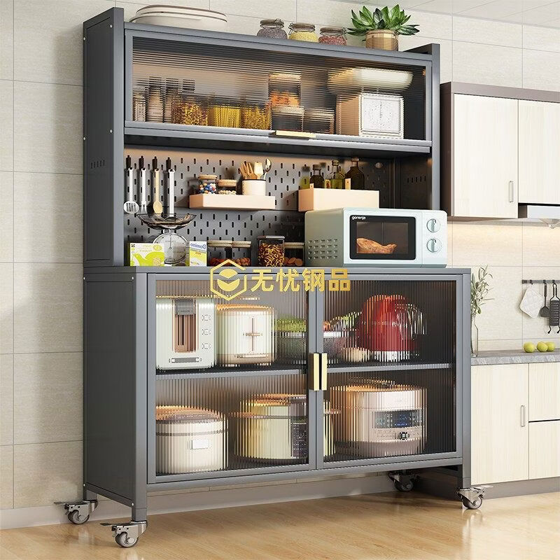 溥畔厨房餐柜靠墙一体柜钢制收纳柜多层置物架落碗盘柜带门收纳柜子 灰六层长1200宽420高1880升级加厚款