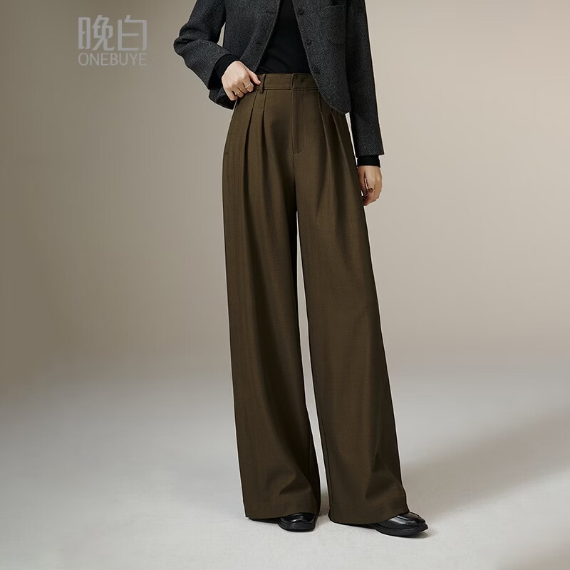 晚白【新品】2026春款气质通勤褶皱裤子松紧高腰显瘦阔腿休闲裤女 咖色 29