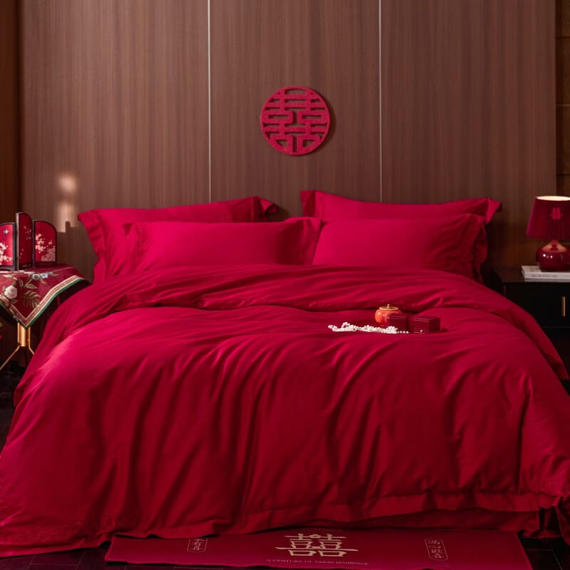 ROLAND LIVE全棉红色婚庆四件套简约风绣花纯棉被套结婚喜庆铺床床上用品 CS全棉红色婚庆四件套-一眼万年 1.5-1.8米床 |【被套200*230cm】