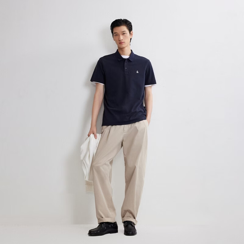 杰克·琼斯（JACK&JONES）26年男装夏季新款polo衫男士商务休闲简约纯色刺绣翻领短袖t恤 E38深兰色 常规 L （180）