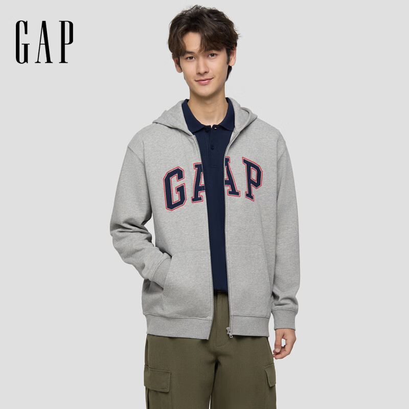 盖璞Gap男女装2026春季新款logo刺绣宽松拉链开襟连帽卫衣上衣854670 浅灰色 S (165/88A)亚洲尺码