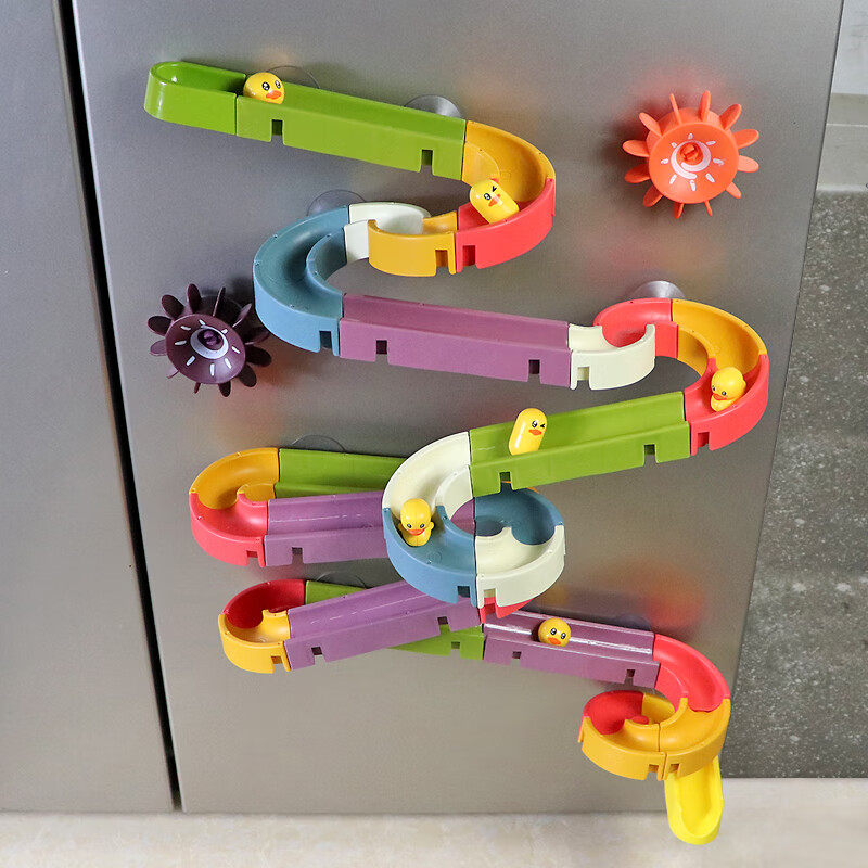 蒂米妮儿童滚珠球轨道滑滑乐大颗粒拼装积木墙洗澡戏水宝宝玩具小孩 小黄鸭轨道滑滑乐 酷游鸭+