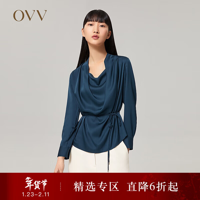 OVV【重磅真丝】OVV2022秋冬新款女装22姆米双乔荡领收腰长袖衬衫 深蓝B1 XS