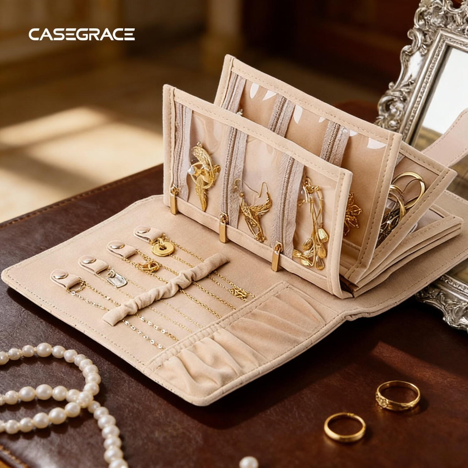 卡瑟格（CASEGRACE）黄金收纳册首饰盒首饰金银珠宝饰品收纳包笔记本手饰精致收纳盒 黄金收纳册大号奶油白【共6页】