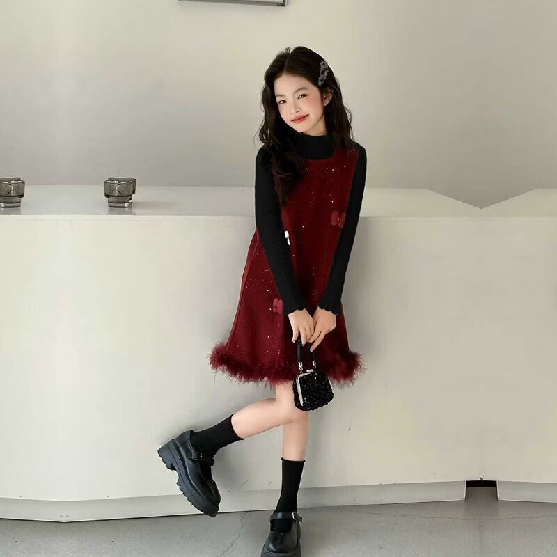 甜贝星女童红色连衣裙秋冬季2025新款女孩拜年服儿童超好看加绒裙子套装 黑色套装 170